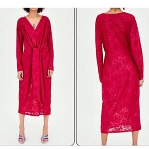 Zara Red Long Sleeve Floral Brocade Midi Dress Small